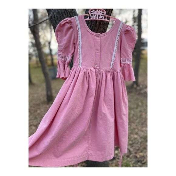 Vintage Medieval Style Maiden Dress Pink White Cotton Shirt Puff Sleeve Lace - Picture 8 of 9